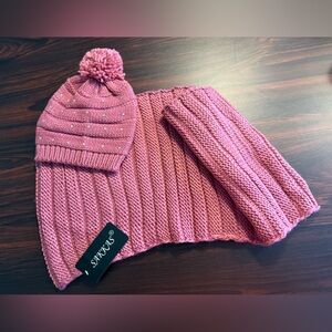 NWT Sakkas Knit Hat Infinity Scarf Set Dusty Rose Bling Pom Pom Beanie Winter